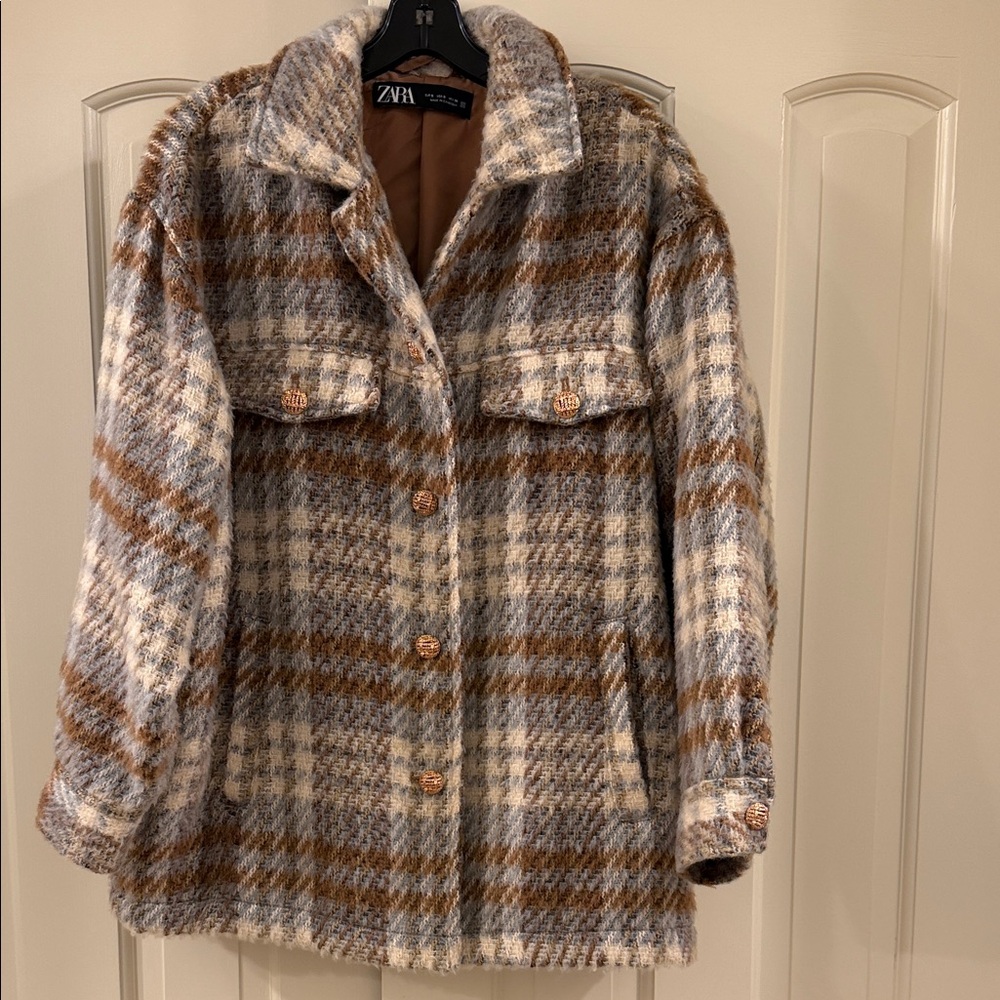 Zara Women's Teddy Jacket - Cream and Brown Plaid